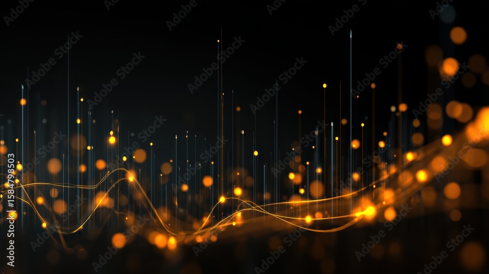 Poster abstract glowing lines and dots create a mesmerizing digital art effect in a dark background.