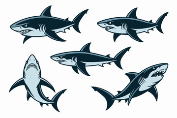 Obraz premium Five stylized shark illustrations in various poses, showcasing different angles and perspectives of the aquatic predator.