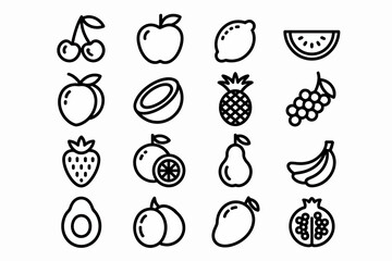 Sixteen fruit icons in a minimalist black and white outline style, including cherries, apple, lemon, watermelon, peach, coconut, pineapple, grapes, strawberr...