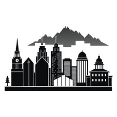Fototapeta premium Iconic cityscape silhouette featuring diverse architecture and majestic mountain backdrop