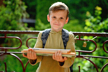 Caucasian boy carrying stack of books