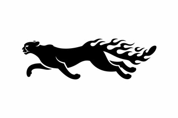 Obraz premium Silhouette of a black panther leaping forward, its tail depicted as stylized flames, against a white background.