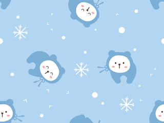 Seamless pattern of Polar bear in winter suit and snowflakes on blue background vector. Cute childish print.