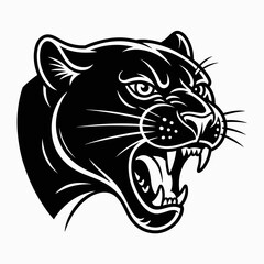 Obraz premium Vector illustration of a fierce black panther head with an open mouth, showing teeth and fangs, in a stylized design.