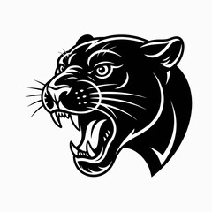 Illustration of a black panther head roaring with its mouth open, showing teeth and whiskers, on a white background.