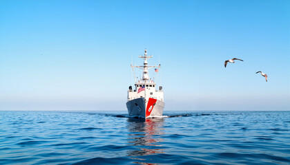 US Coast Guard ship navigating open sea under clear blue sky, maritime vigilance