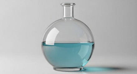 Glass flask with blue liquid on a light background, clean studio shot