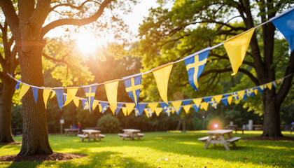 Colorful Swedish flag garland draped in park, cultural celebration