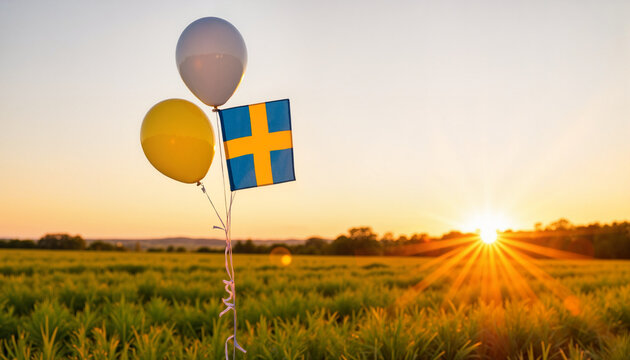 Blue and yellow balloons at sunset in a field, Swedish celebration