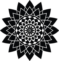 Black and white radial geometric floral pattern mandala