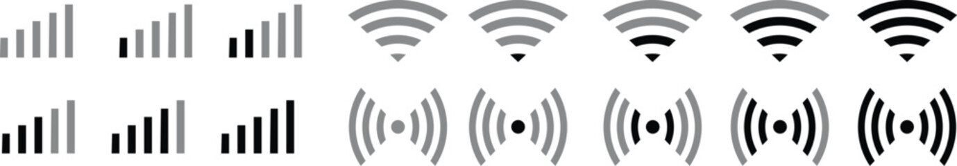 Signal Strength line icon set. wi-fi collection of various wireless signal representing technology and data transmission related to signal, signal connection, network and more. Vector illustration. © Asia