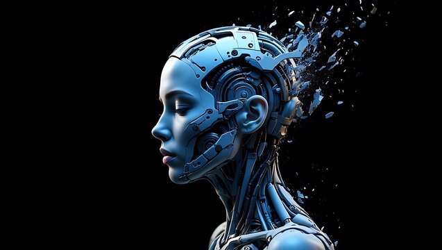 Half human, half robot female cyborg with a futuristic mechanical head. Great for sci-fi, AI, and cybernetic future tech concepts.