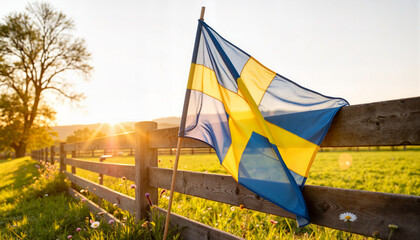 Swedish flag waving in countryside at sunrise, national pride