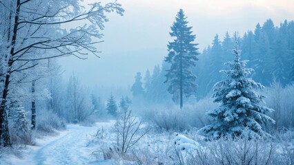 Obraz premium A serene winter forest path covered in fresh snow with frosted trees