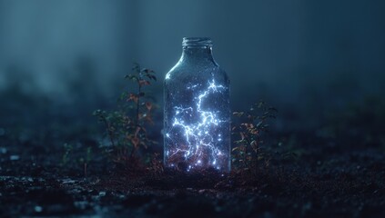 Mystical bottle glows with inner light in a misty forest