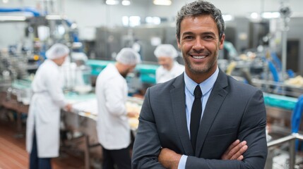 Confident business leader smiles while overseeing operations in a modern food manufacturing facility.