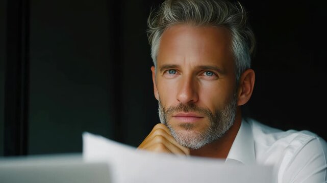 Portrait of a man with a beard looking contemplative while working on a laptop at an office.