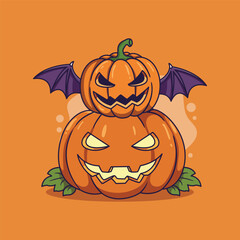 Spooky Halloween Pumpkin with Bat Wings. vector illustration