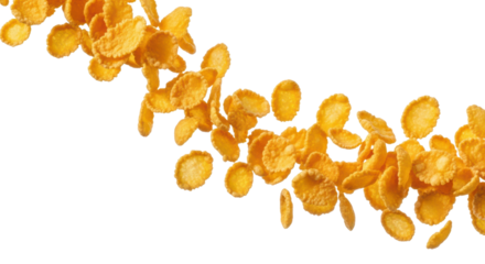 A cascade of golden cornflakes isolated on transparent background for breakfast