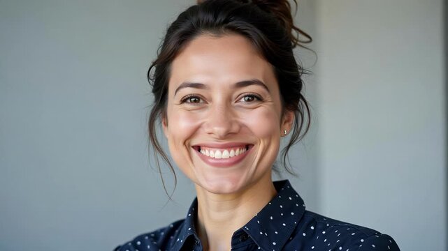 A warm professional portrait captures a smiling South Asian woman in a navy polka dot shirt, featuring soft lighting and a relaxed office atmosphere, ideal for positive content.