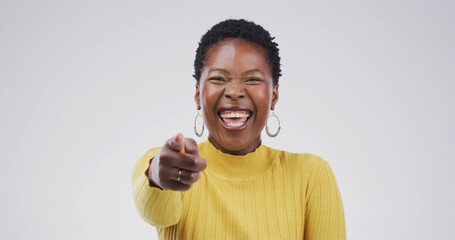 Portrait, pointing to you and black woman in studio, funny and selection on white background....