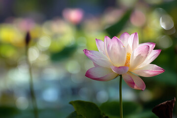 Fototapeta premium Delicate pink white lotus flower blooming pink petals