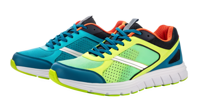 Brightly colored athletic running shoes isolated on transparent background