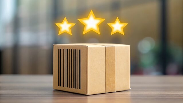 Cube wrapped in barcode with glowing review stars floating above — commerce meets trust and rating
