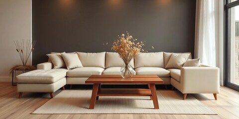 Beige sofa, wooden coffee table, dried flowers in vase, minimalist living room,  aesthetic,  modern