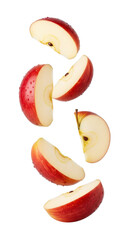 Slices of fresh red apples are falling, isolated on transparent background
