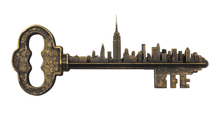 Hyperdetailed render of a single key, where the teeth form the skyline of a recognizable US city (e.g., stylized NYC), antique brass texture, isolated on Transparent Background