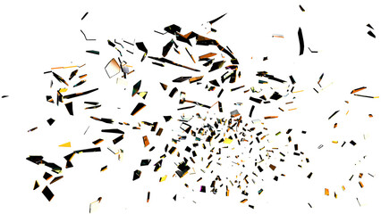 Shattered glass fragments featuring black and white reflections with vivid orange and yellow highlights, isolated on a transparent background. High-contrast dynamic scatter ideal for overlays
