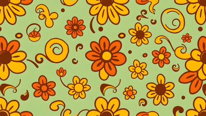 Obraz premium Seamless retro 60s floral pattern with vibrant orange and yellow flowers on a light green background, perfect for design projects.