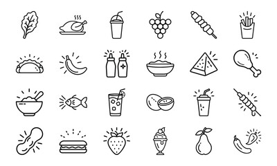 Minimal Line Style Food Icon Set Featuring Fruits, Vegetables, Drinks, Snacks, Meat, Grains, and Condiments on a White Background for Restaurant and Nutrition-Themed Designs