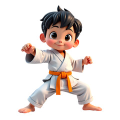 3d Cartoon boy in karate with orange belt practicing pose isolated on transparent background