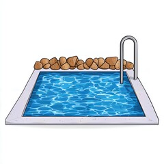 Pixel Art Swimming Pool Illustration Blue Water, Gray Border, Brown Rocks