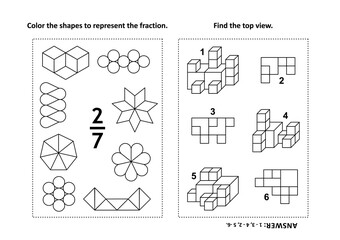 Two visual math puzzles and coloring pages. Color the shapes to represent the fraction. Find the top view. Black and white.