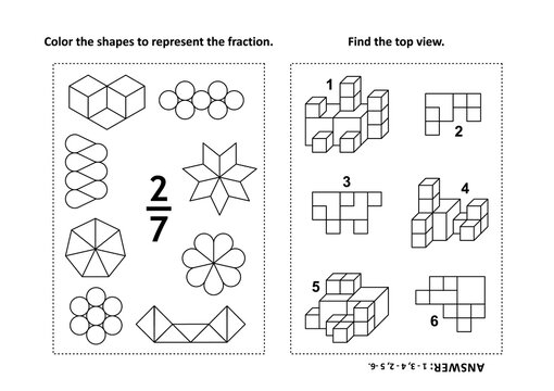 Two visual math puzzles and coloring pages. Color the shapes to represent the fraction. Find the top view. Black and white.
