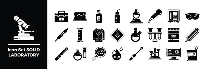Icon Set Solid Laboratory Equipment Featuring Scientific Tools.