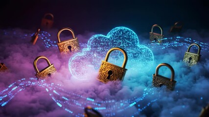 Secure Cloud Computing With Golden Padlocks Hovering Above Cotton Like Clouds With Purple and Cyan Glow Representing Cutting Edge Information Safety - Powered by Adobe
