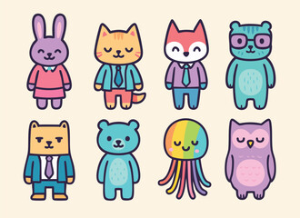 Obraz premium Set of cute cartoon animals in business and casual outfits – bunny, cat, fox, owl, bear, jellyfish, and others for fun character design