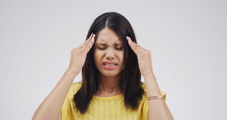 Sick, headache and woman in studio with pain, brain fog and vertigo on white background with space....