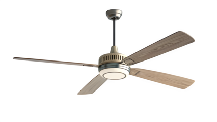 Modern ceiling fan with five wooden blades and integrated light isolated on transparent background