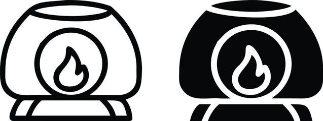 Essential Oil Burner Icon Set – Black and White Aromatherapy Diffuser Flame Vector