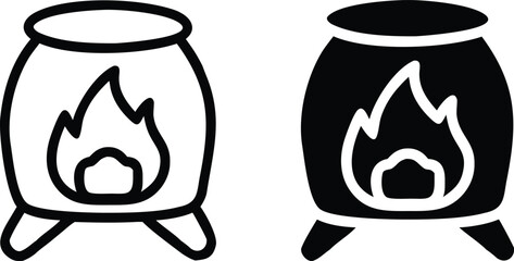 Campfire Pot Icon Set – Black and White Cauldron with Fire Vector Illustration