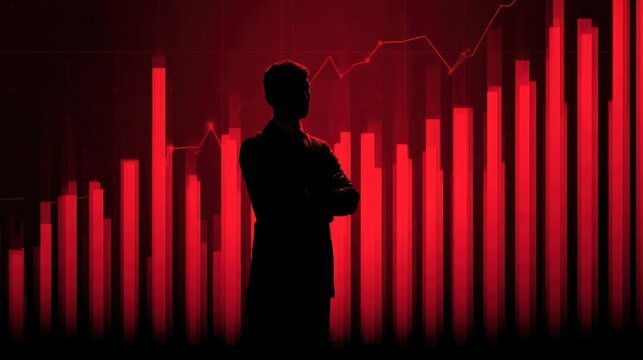Silhouette of a business professional analyzing data against a red graph backdrop, symbolizing market trends.
