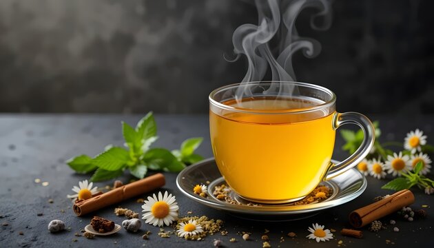 cup of herbal daisy tea, dark background