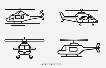 Helicopter Icons Set Black Line Art Vector Illustration on White Background