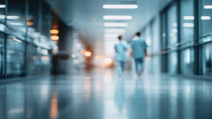 Two healthcare professionals walk through a modern hospital corridor, promoting teamwork and collaboration.