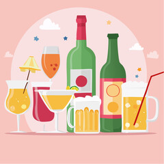 Colorful vector set of assorted cocktails and drinks in various glasses on pink background.